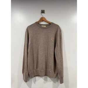 Maison Kitsune Fox Head Patch Wool Crewneck Sweater Taupe Beige Mens L